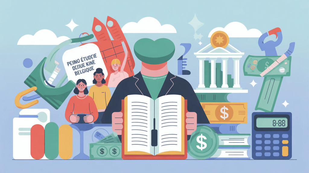 illustration du prix étude kiné belgique avec étudiants et éléments financiers