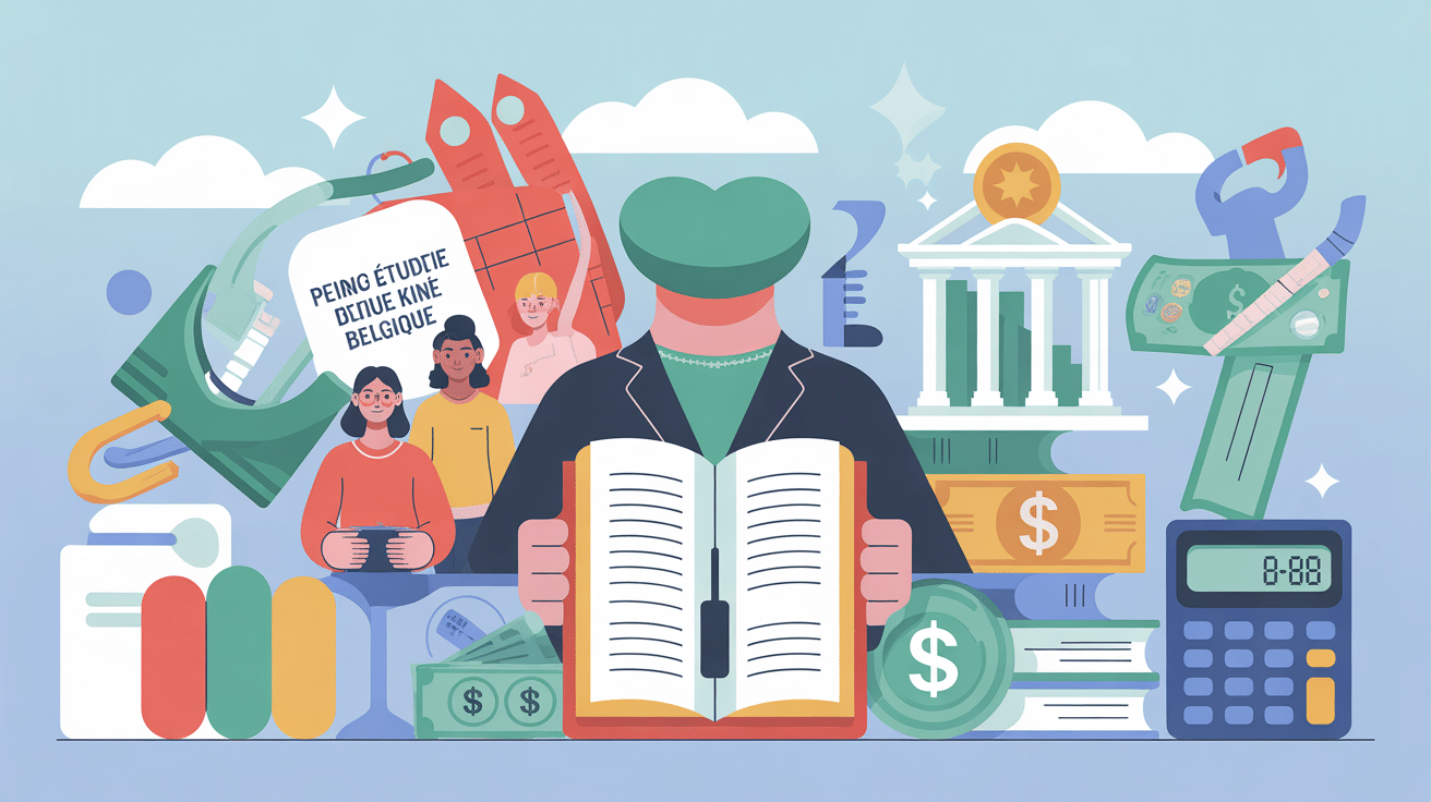illustration du prix étude kiné belgique avec étudiants et éléments financiers