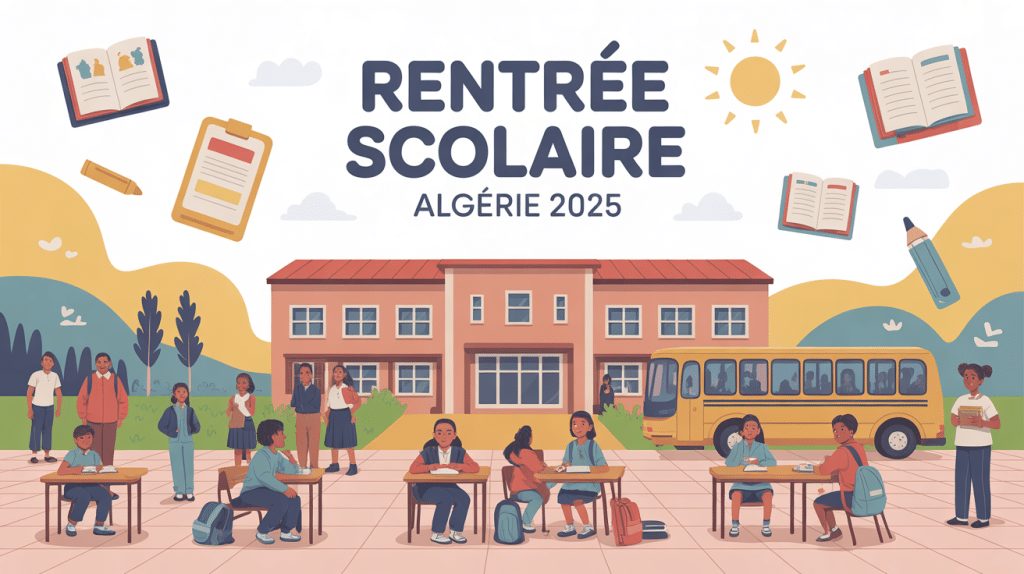 illustration rentrée scolaire algérie 2024 école et élèves
