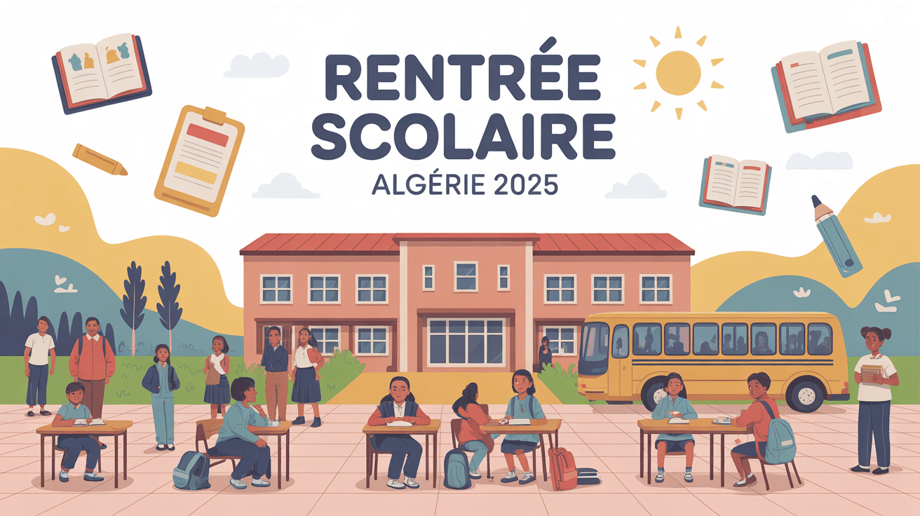 illustration rentrée scolaire algérie 2024 école et élèves