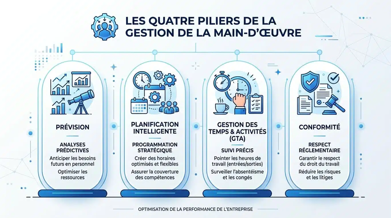 Infographie des quatre piliers du Workforce Management