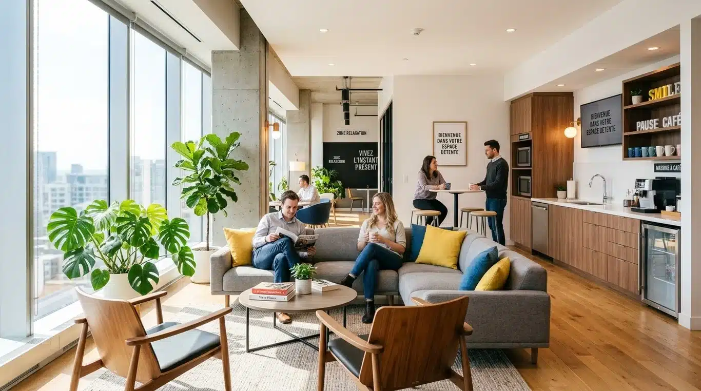 Aménagement moderne et convivial d'une salle de pause en entreprise avec des plantes et un espace cuisine.