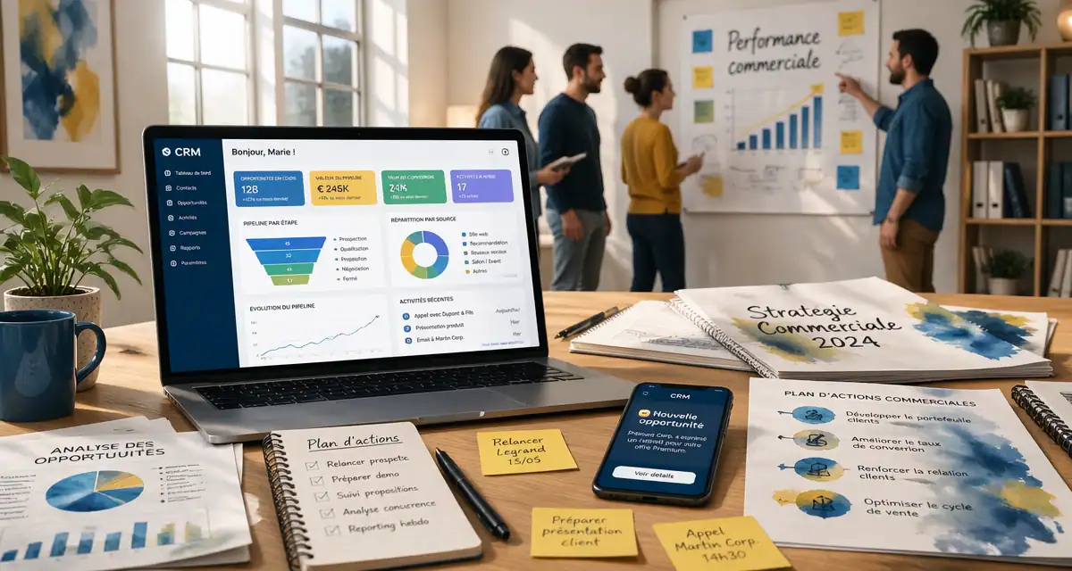 crm logiciel équipe devant tableau de bord