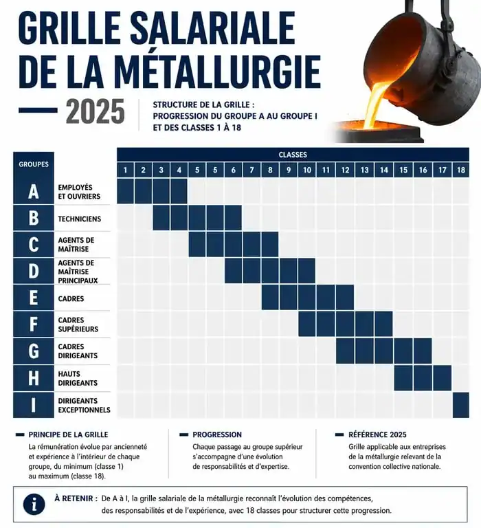 Grille salaire métallurgie 2025 : structure des groupes et classes