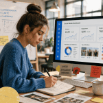 Formation social media jeune femme dashboard réseaux sociaux