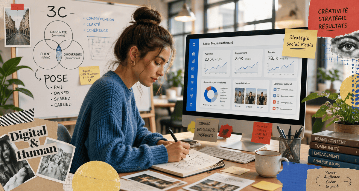 Formation social media jeune femme dashboard réseaux sociaux