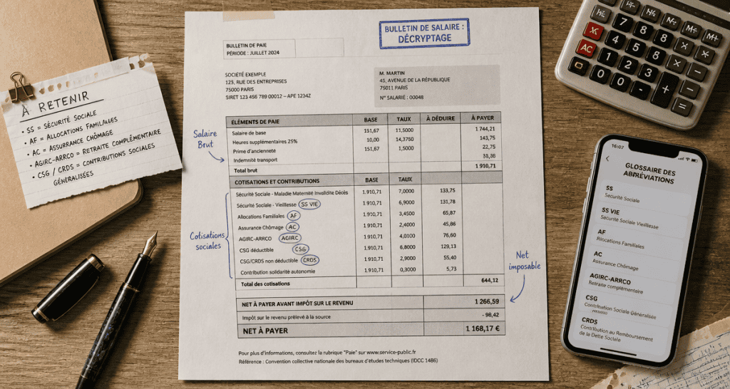 abréviation bulletin de salaire sur fiche annotée