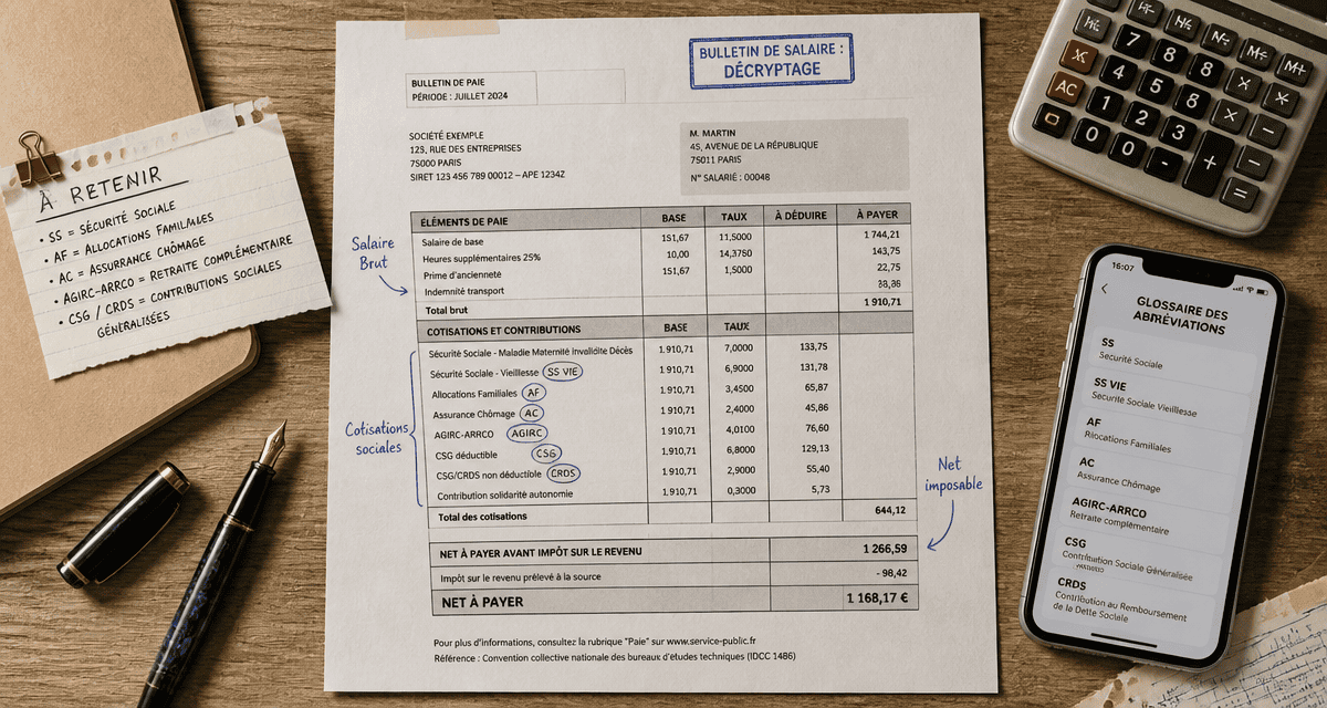 abréviation bulletin de salaire sur fiche annotée