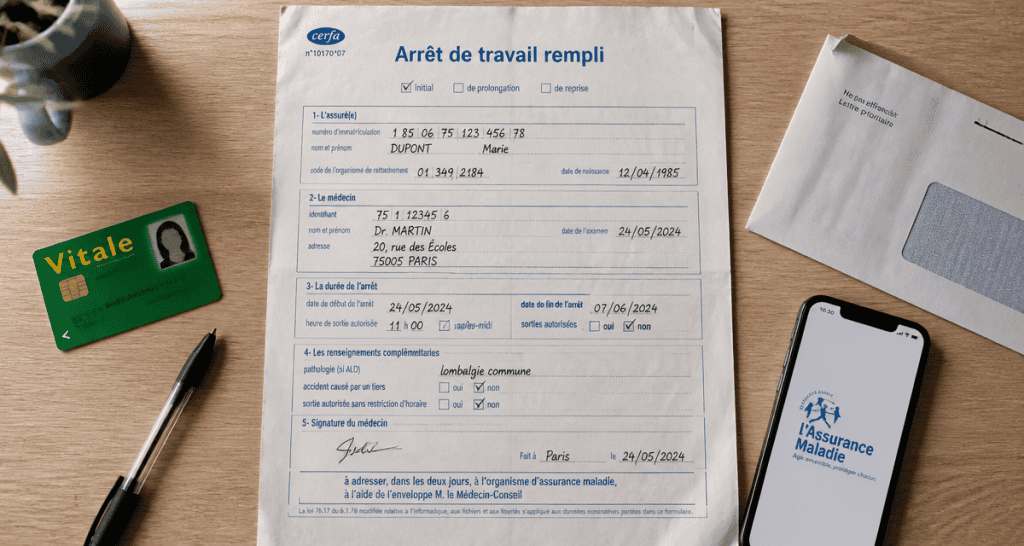 arret de travail rempli cerfa sur bureau