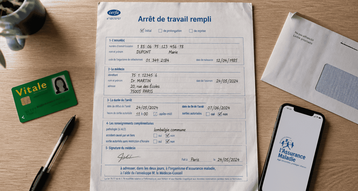 arret de travail rempli cerfa sur bureau