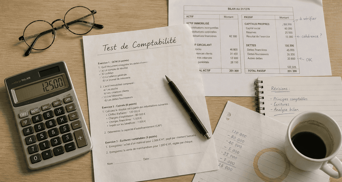 comptabilité test sur bureau avec bilan et calculatrice