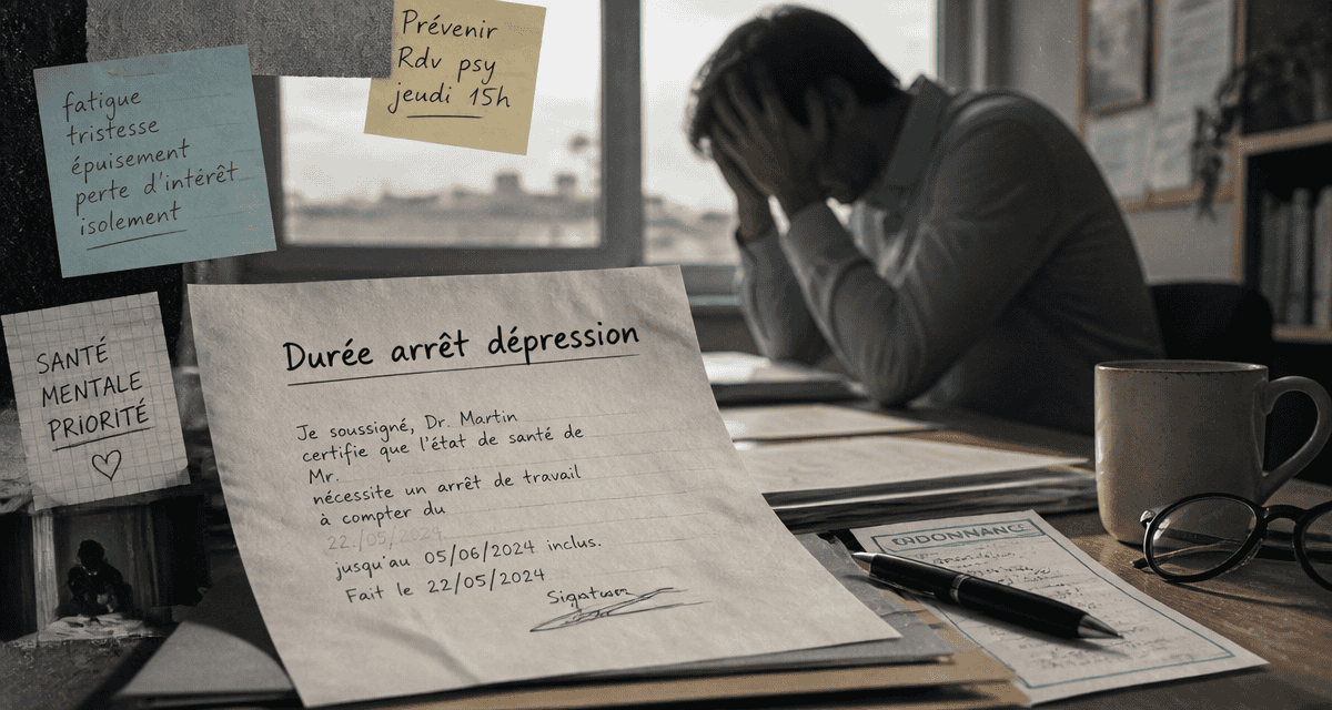 durée moyenne arrêt de travail : dépression, homme fatigué au bureau