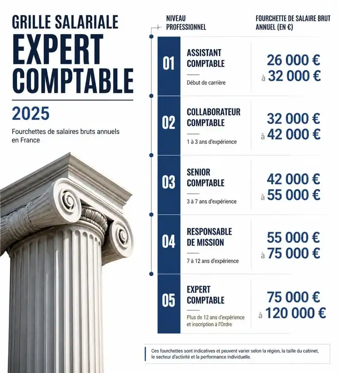 Infographie de la grille de salaire expert comptable 2025 par niveau et coefficient