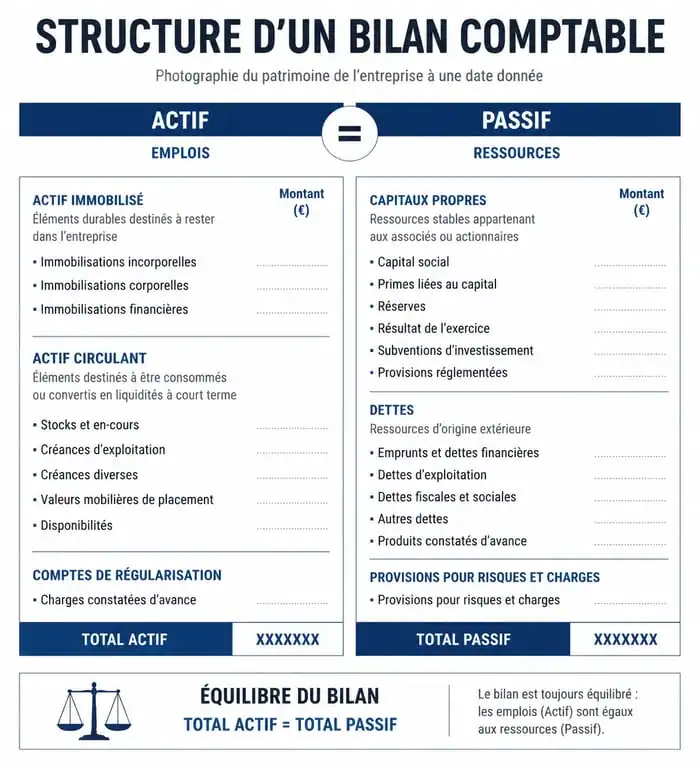 Schéma explicatif de la structure d'un bilan comptable pour test de comptabilité