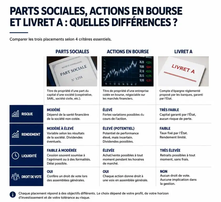 Comparatif des placements financiers : parts sociales, actions et livret A.