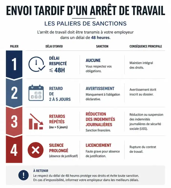 Infographie des sanctions en cas d'envoi tardif d'un arrêt de travail