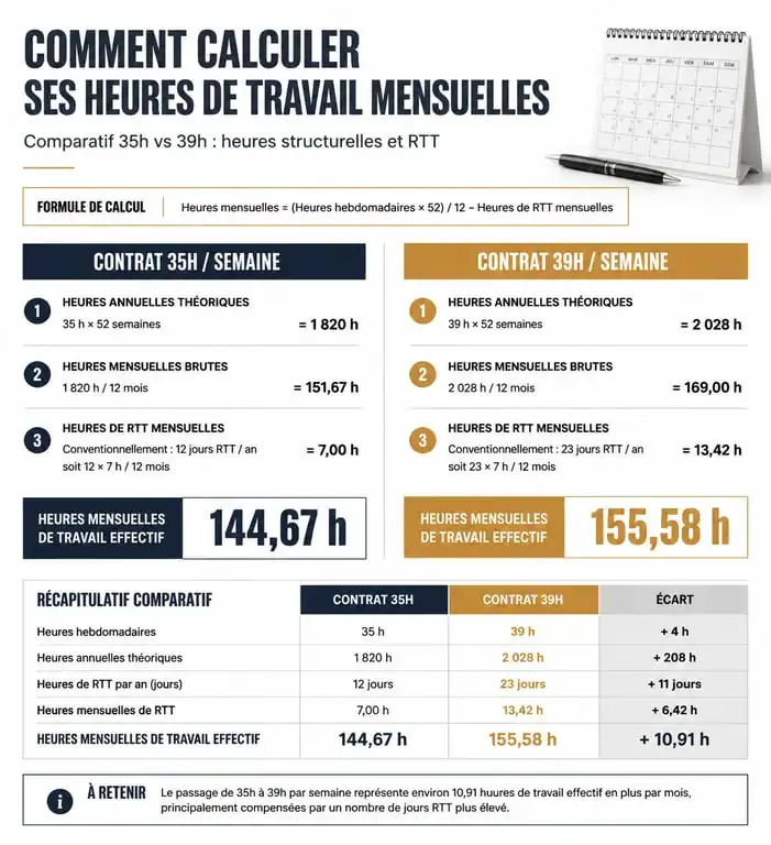 Infographie expliquant le calcul du nombre d'heures par mois pour un contrat de 39h