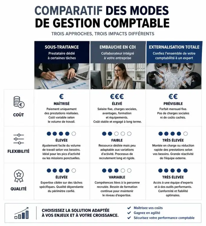 Infographie comparative des méthodes de sous-traitance comptabilité, embauche et externalisation