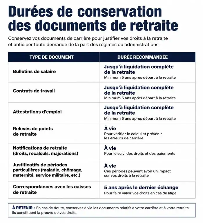 Infographie des durées de conservation des bulletins de salaire et documents de retraite