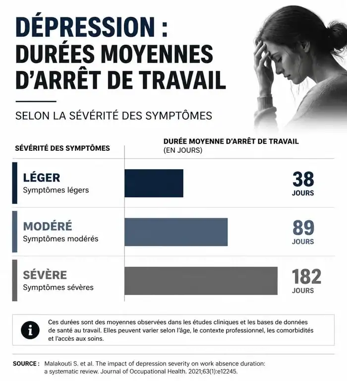 Infographie des durées moyennes d'arrêt de travail pour dépression selon la sévérité