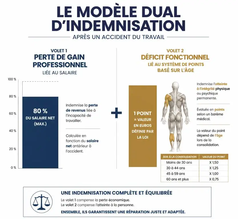 Infographie explicative de la nouvelle loi sur les accidents du travail 2025 avec le système d'indemnisation duale