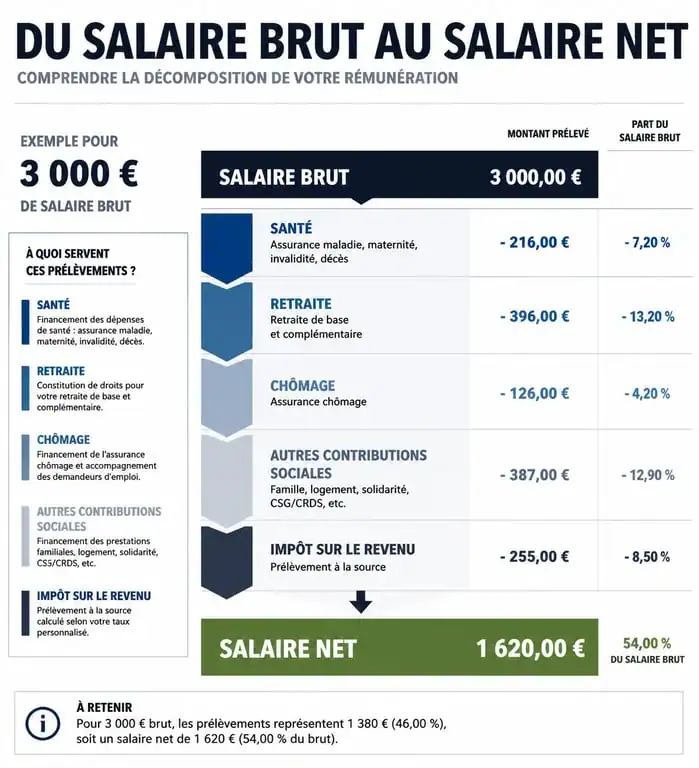 Schéma explicatif de la conversion du salaire brut en salaire net