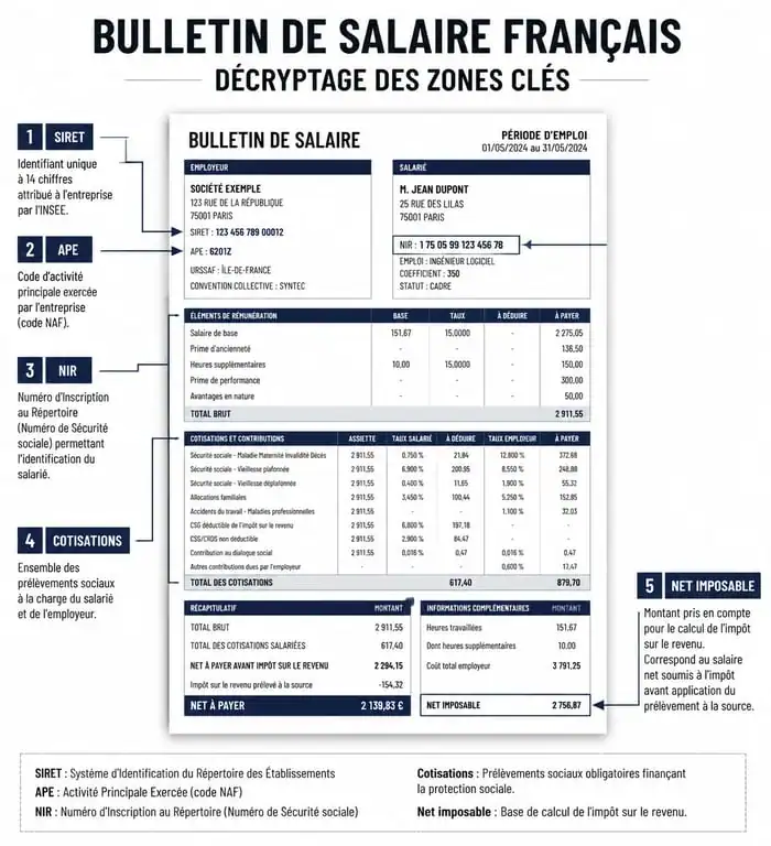 Infographie explicative des abréviations et zones clés d'un bulletin de salaire