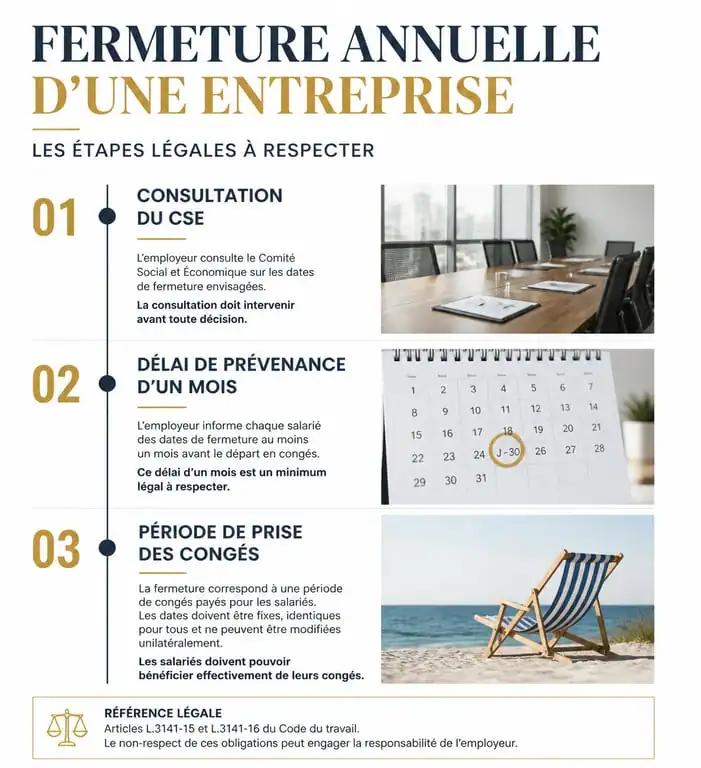 Infographie des étapes légales pour la fermeture pour congé annuel d'une entreprise