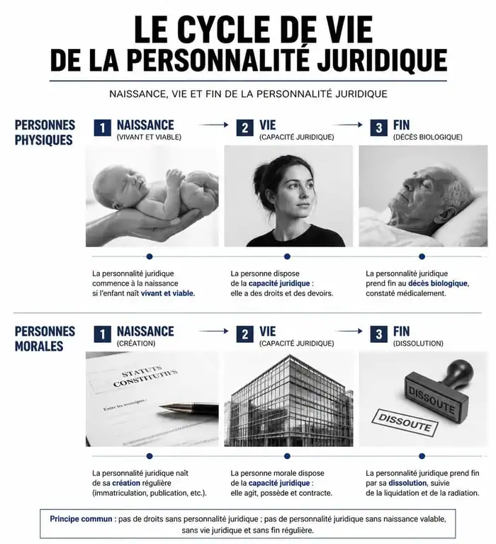 Infographie sur l'acquisition et la perte de la personnalité juridique