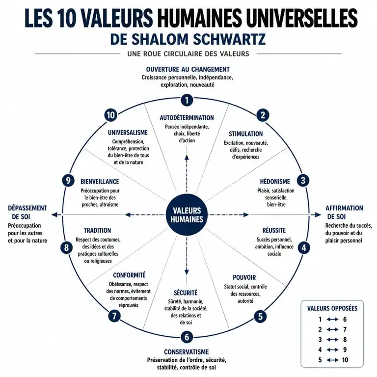 Infographie du modèle de Schwartz des 10 valeurs humaines universelles