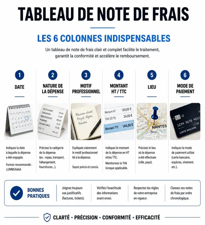 Infographie des éléments obligatoires d'un tableau de note de frais pour entreprise