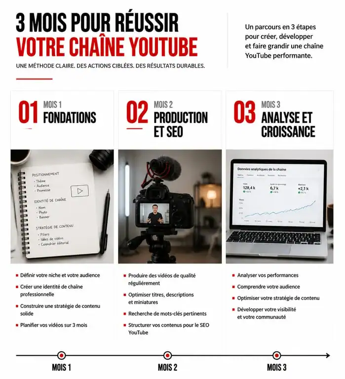 Infographie du calendrier de formation sur YouTube : étapes clés pour réussir sa chaîne