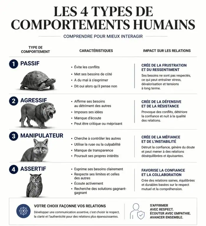 Infographie des 4 types de comportements humains : passif, agressif, manipulateur et assertif pour mieux comprendre le comportement humain.