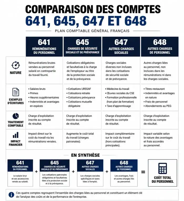 Infographie comparative des comptes de charges de personnel 641, 645, 647 et 648