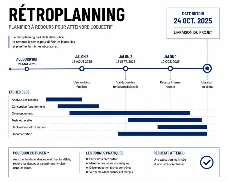 Schéma illustrant le fonctionnement d'un logiciel de rétroplanning avec planification inversée