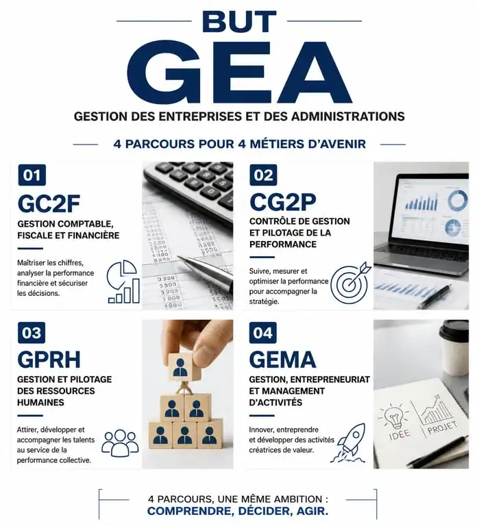 Infographie des 4 parcours du BUT GEA : Gestion Comptable, Contrôle de Gestion, Ressources Humaines et Entrepreneuriat