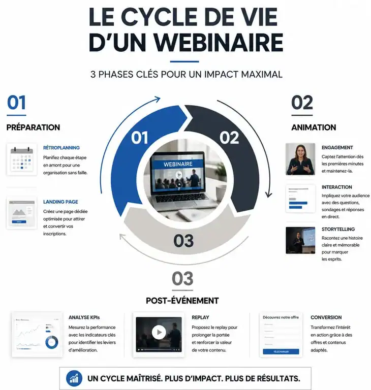 Infographie du cycle de vie d'une formation webinaire : préparation, animation et post-événement