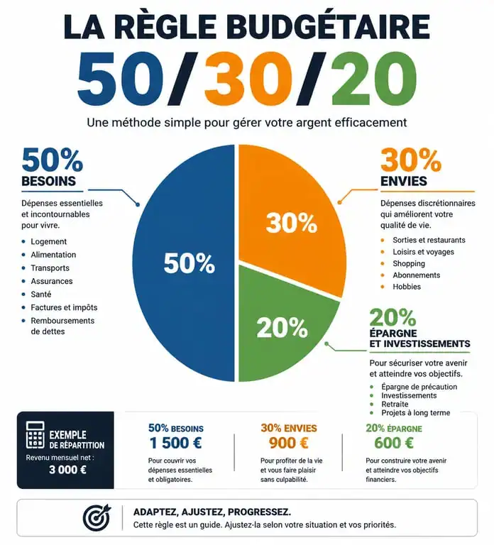 Infographie de la méthode 50/30/20 pour la répartition du salaire