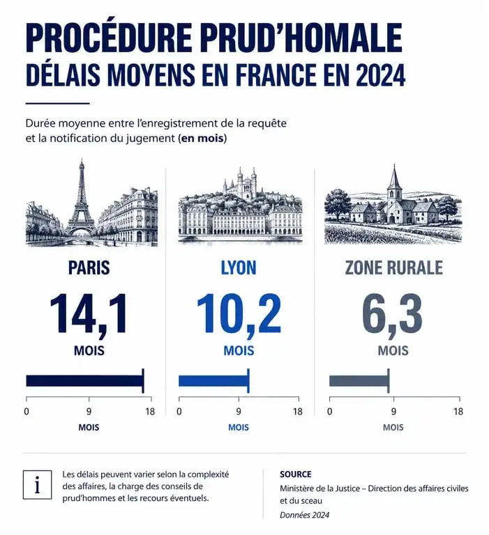 Infographie des délais moyens d'une procédure prud'hommes 2024 par région