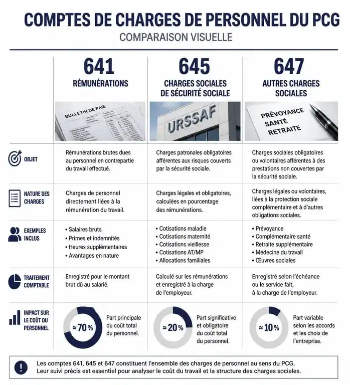 Infographie comparative des comptes comptables 641, 645 et 647 pour la gestion des charges de personnel