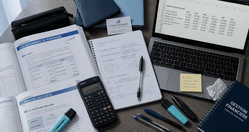bureau d'etude en finance avec livres et ordinateur