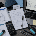 bureau d'etude en finance avec livres et ordinateur