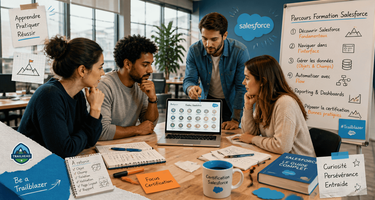 Formations Salesforce autour d’un ordinateur et badges