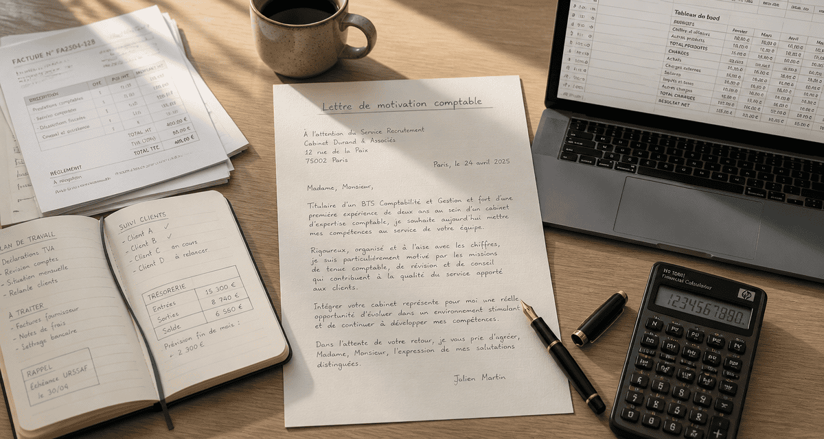 Lettre de motivation de comptable manuscrite avec accessoires de bureau