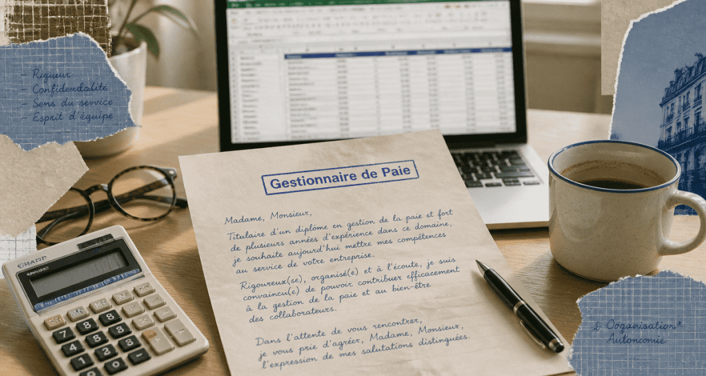 Lettre de motivation gestionnaire de paie avec calculatrice et café
