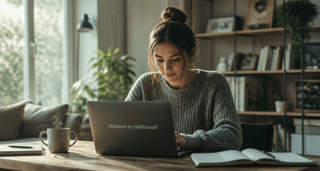 femme métier en télétravail salon moderne