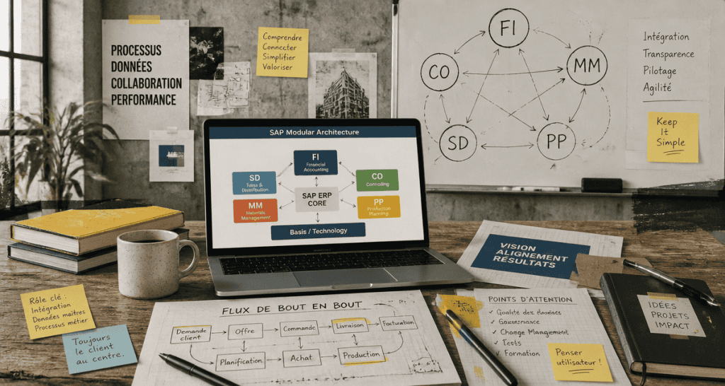 Schéma modules SAP sur ordinateur dans un bureau moderne