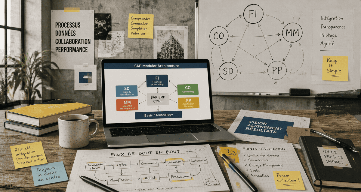 Schéma modules SAP sur ordinateur dans un bureau moderne