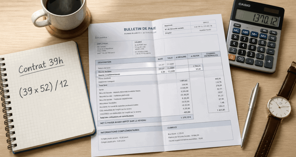 nombre d'heures par mois 39h sur bulletin de paie
