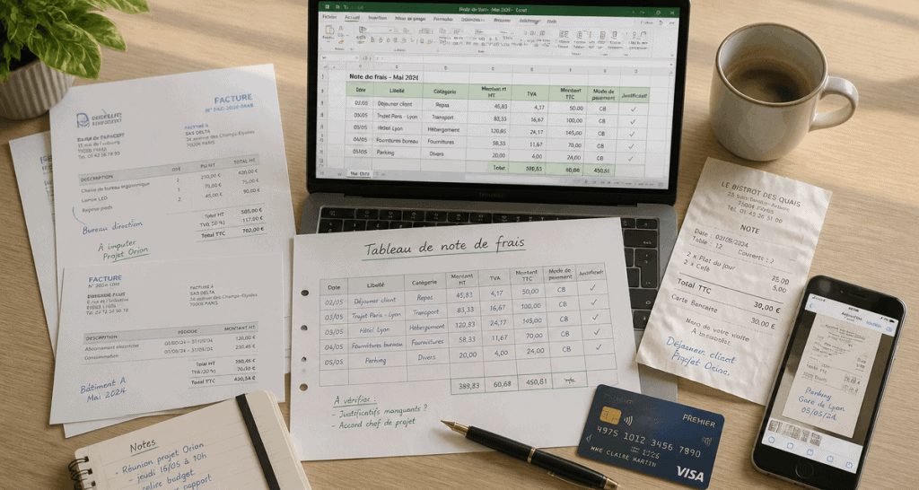tableau note de frais avec justificatifs et ordinateur